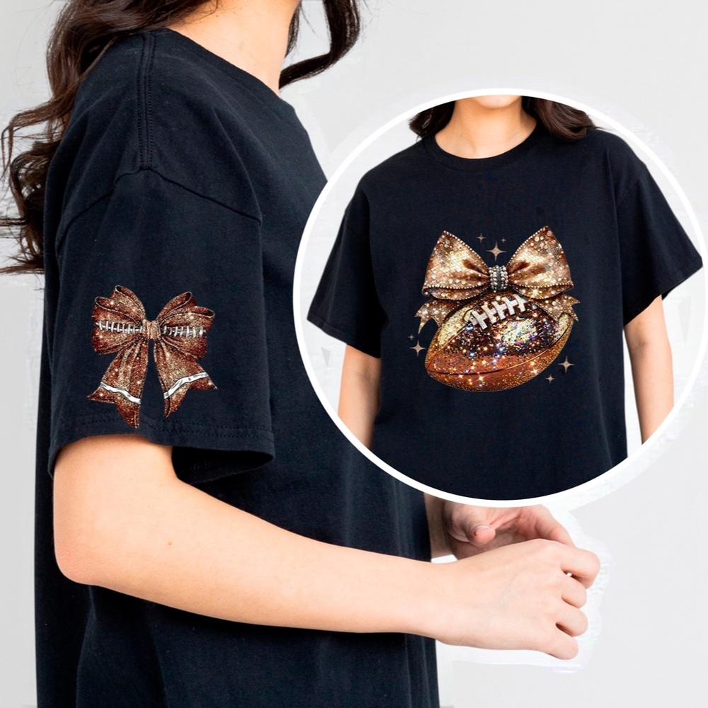 🏈 Sparkle & Spike: Gold Glitter Football Bow t-shirt. Touch down game ready